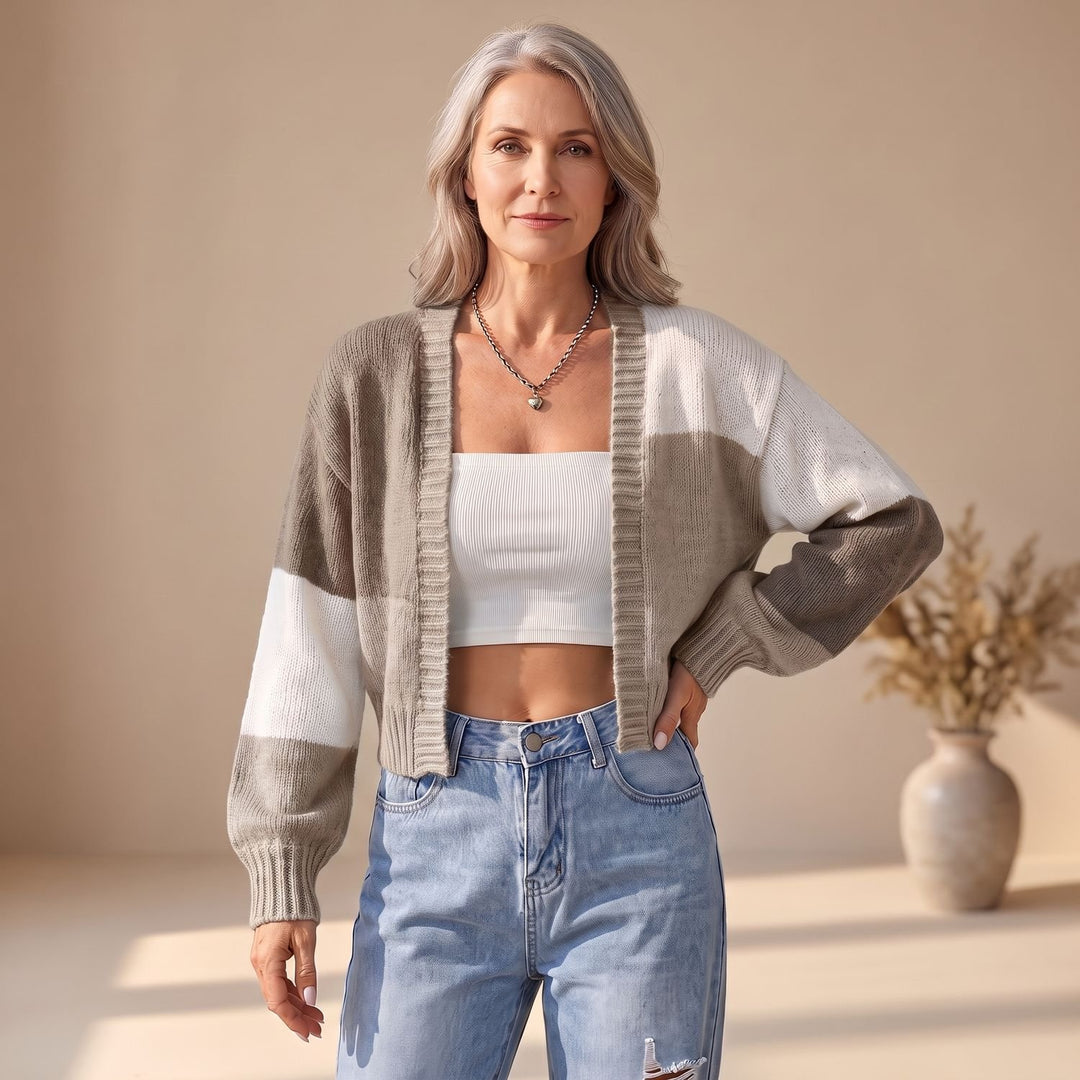 Dames Cropped Colorblock Gebreid Vest Lange Mouwen - Khaki