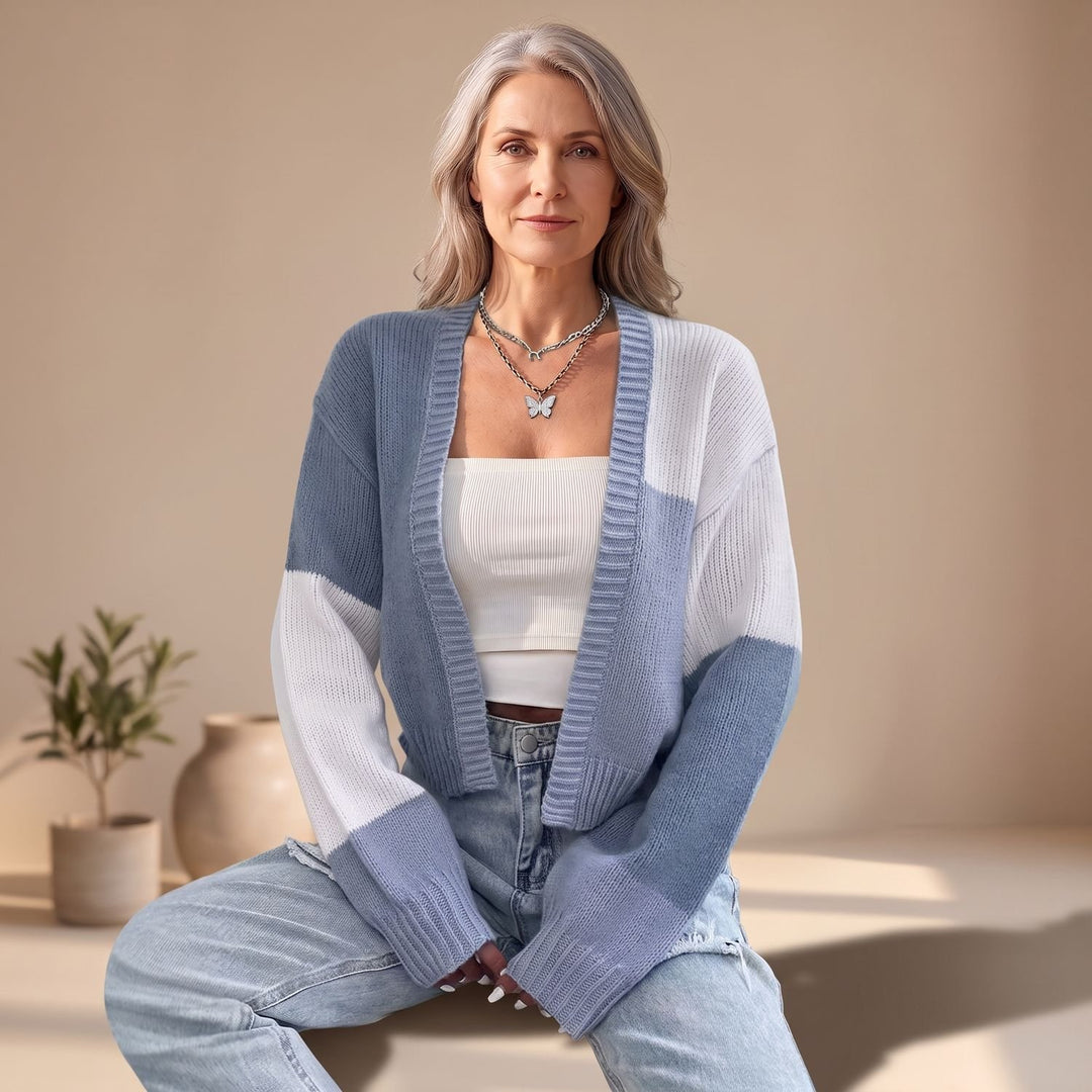 Dames Cropped Colorblock Gebreid Vest Lange Mouwen - Hemelsblauw
