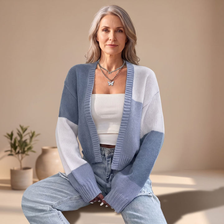 Dames Cropped Colorblock Gebreid Vest Lange Mouwen - Hemelsblauw