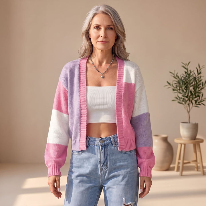 Dames Cropped Colorblock Gebreid Vest Lange Mouwen - Roze