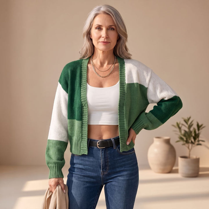 Dames Cropped Colorblock Gebreid Vest Lange Mouwen - Groen
