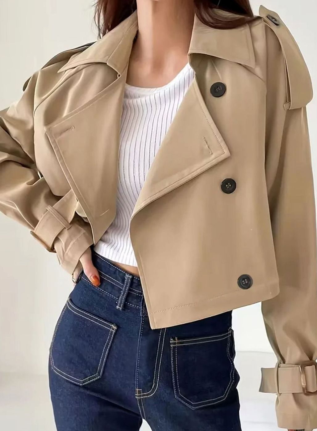 Dames Cropped Double-Breasted Trenchcoat Revers Manchetten - Khaki