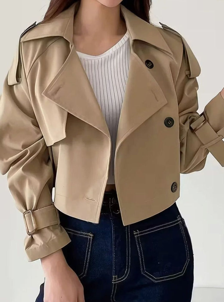 Dames Cropped Double-Breasted Trenchcoat Revers Manchetten