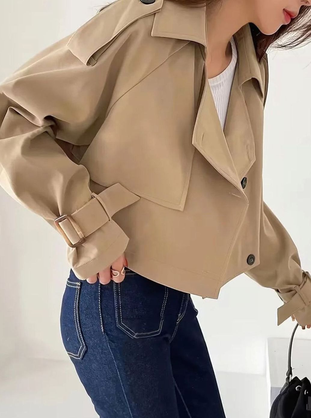 Dames Cropped Double-Breasted Trenchcoat Revers Manchetten