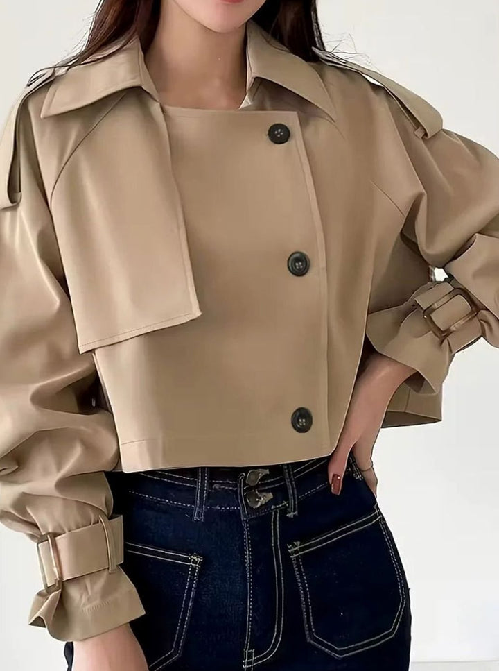 Dames Cropped Double-Breasted Trenchcoat Revers Manchetten