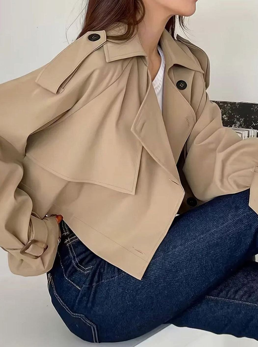 Dames Cropped Double-Breasted Trenchcoat Revers Manchetten