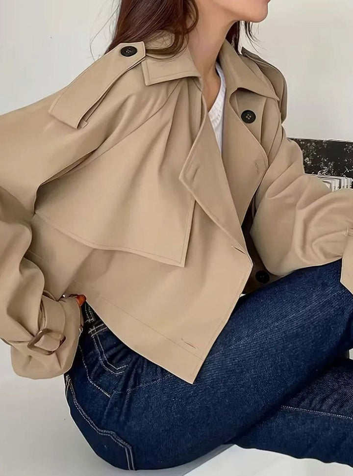 Dames Cropped Double-Breasted Trenchcoat Revers Manchetten
