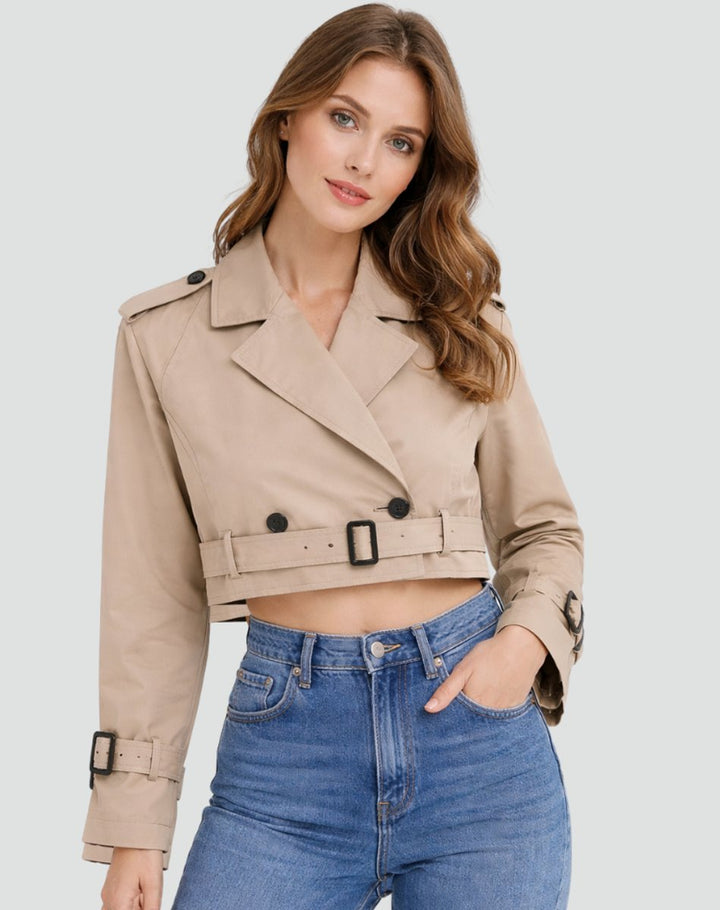 Dames Cropped Dubbelrijige Gestrikte Trench Coat - Khaki