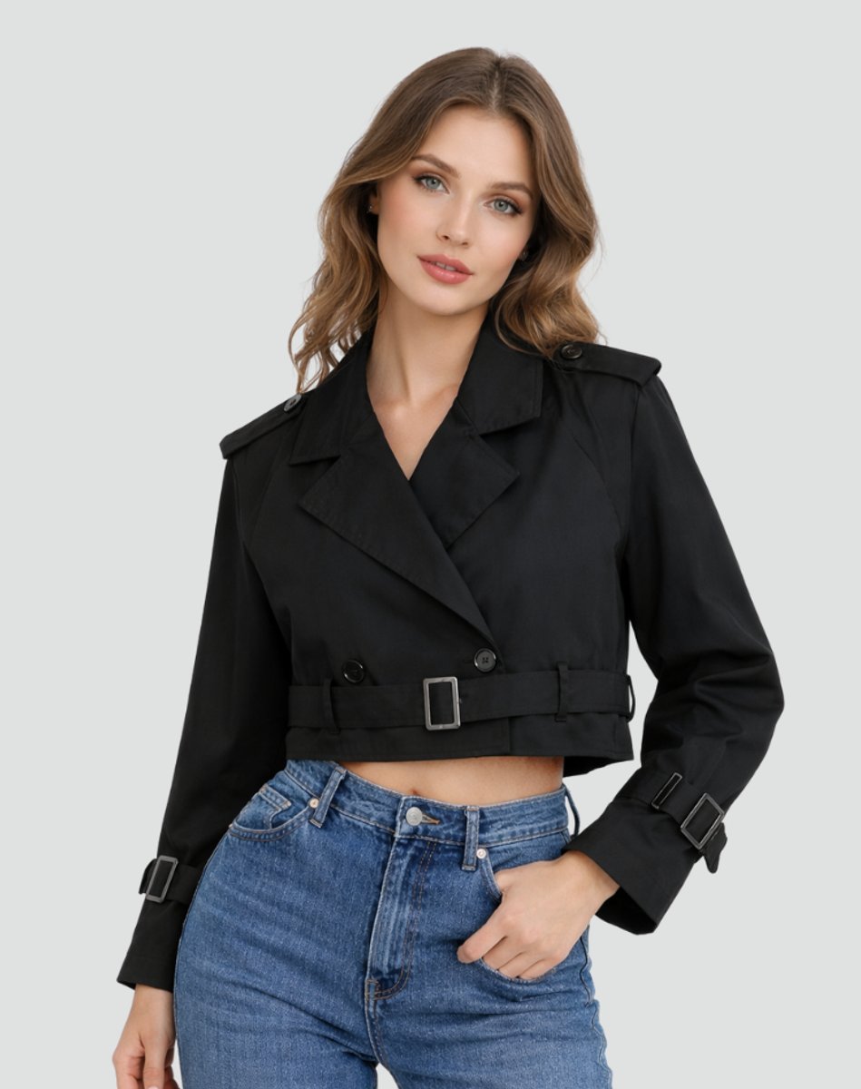 Dames Cropped Dubbelrijige Gestrikte Trench Coat
