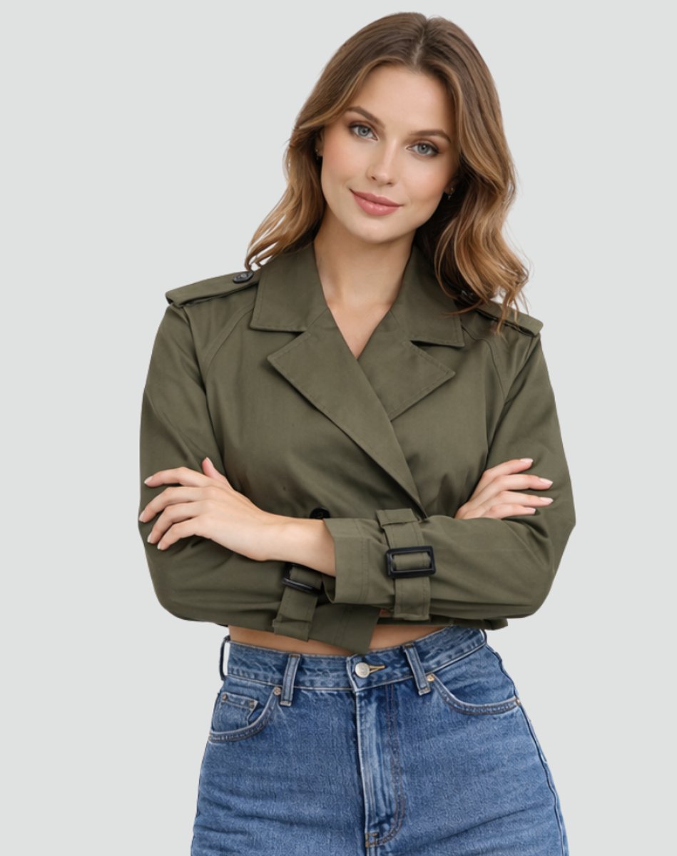 Dames Cropped Dubbelrijige Gestrikte Trench Coat - Legergroen