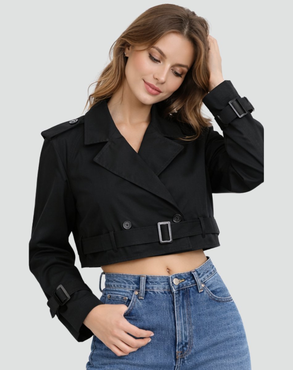 Dames Cropped Dubbelrijige Gestrikte Trench Coat - Zwart
