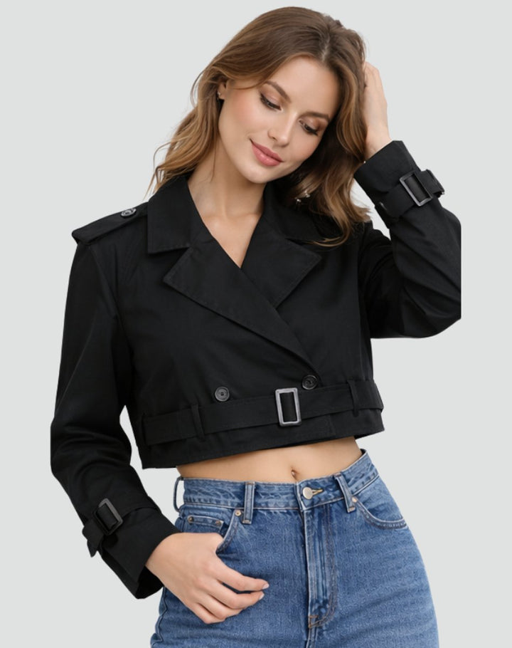 Dames Cropped Dubbelrijige Gestrikte Trench Coat - Zwart