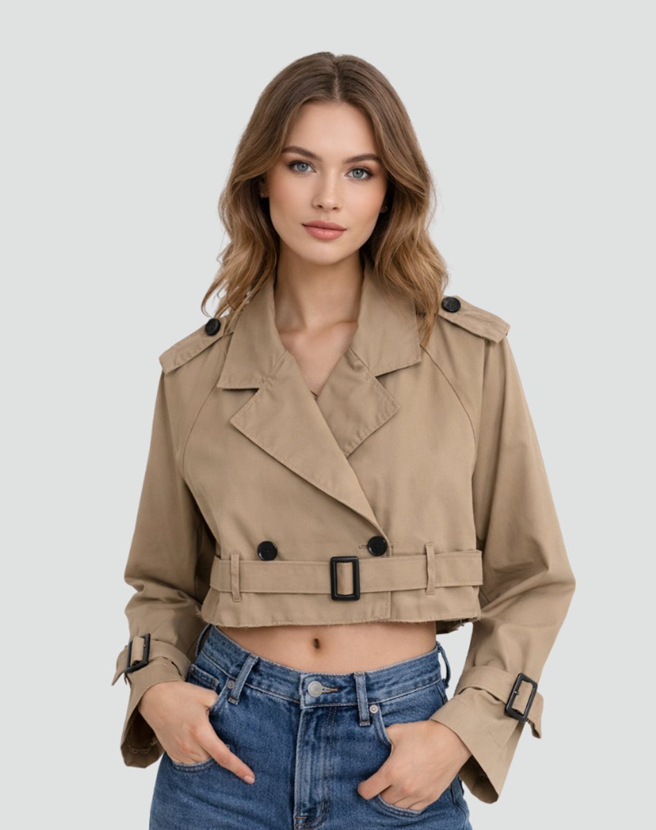 Dames Cropped Dubbelrijige Gestrikte Trench Coat - Bruin