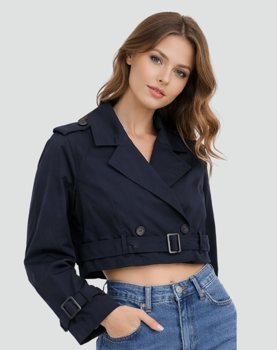 Dames Cropped Dubbelrijige Gestrikte Trench Coat - Marineblauw