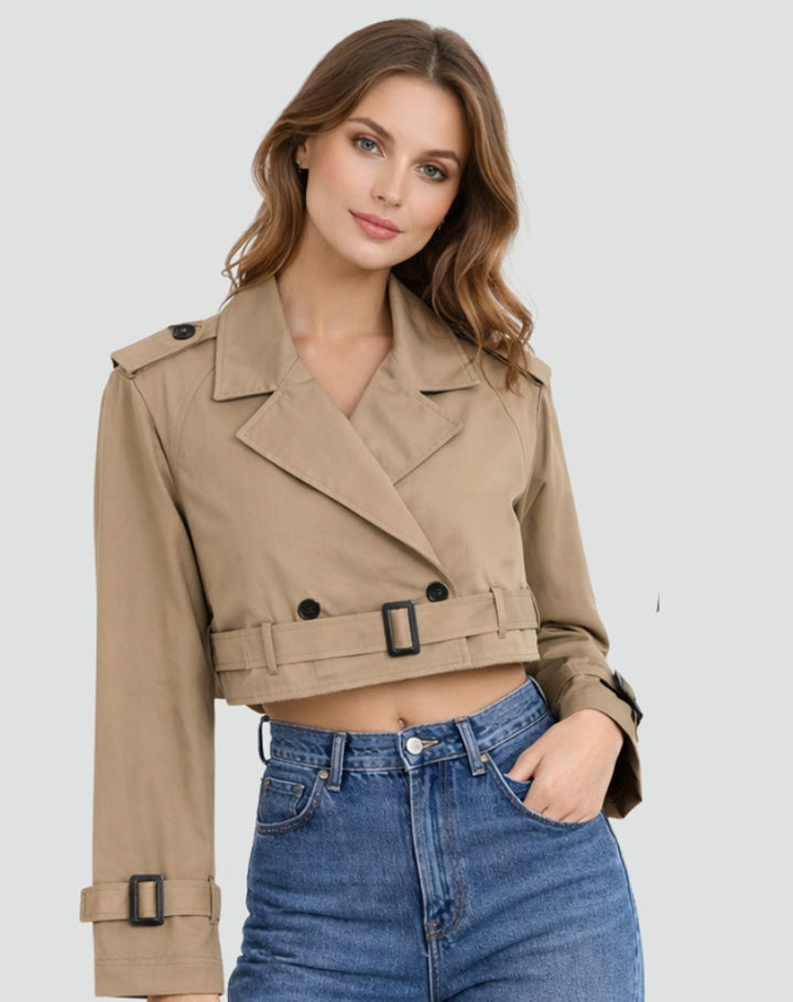 Dames Cropped Dubbelrijige Gestrikte Trench Coat