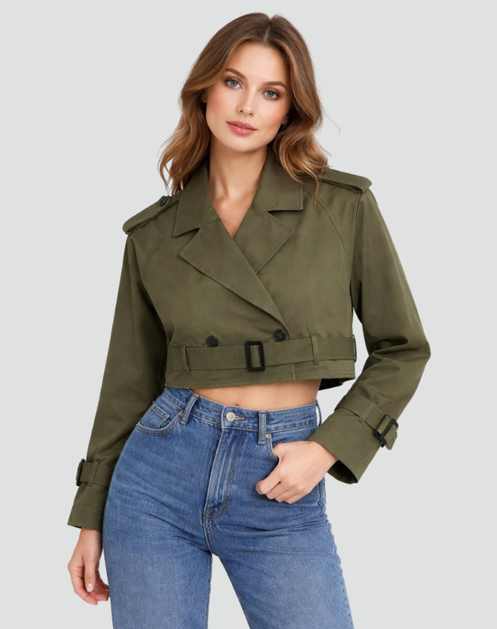 Dames Cropped Dubbelrijige Gestrikte Trench Coat