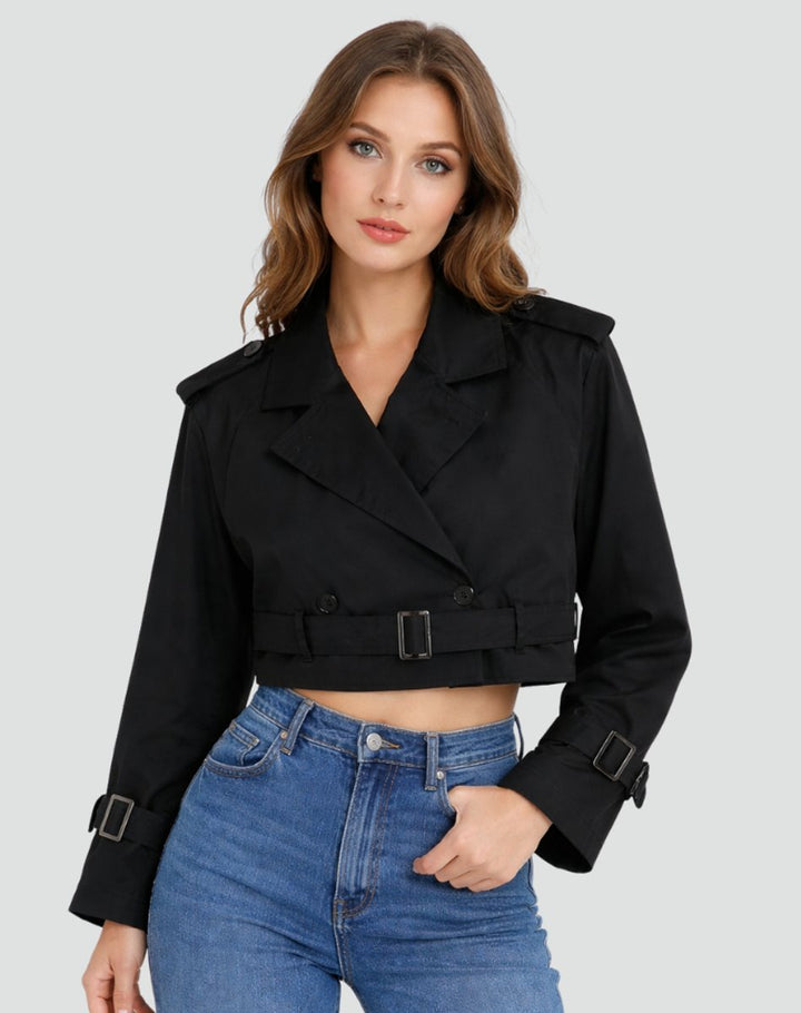 Dames Cropped Dubbelrijige Gestrikte Trench Coat