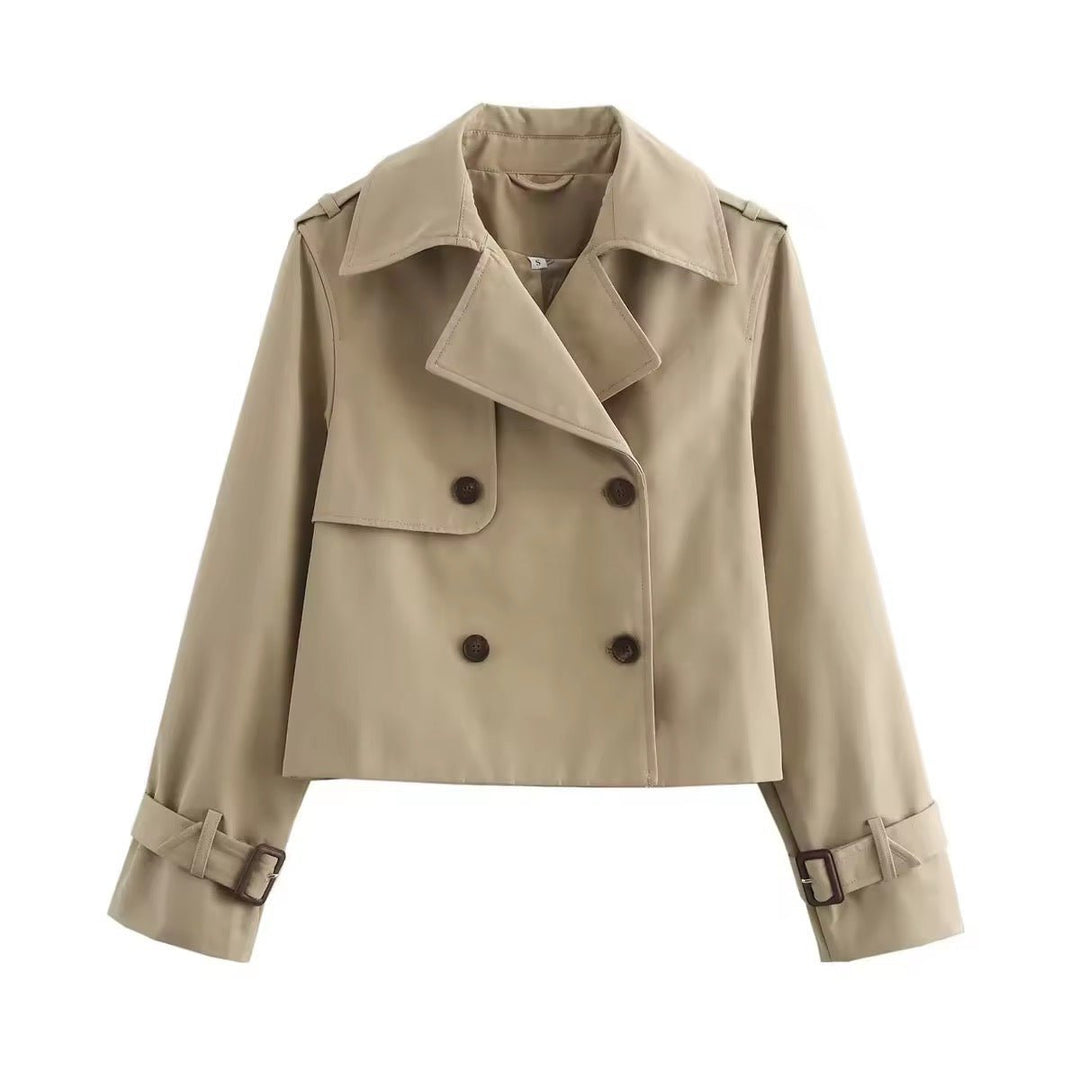Dames Cropped Dubbelrijige Trench Coat - Beige