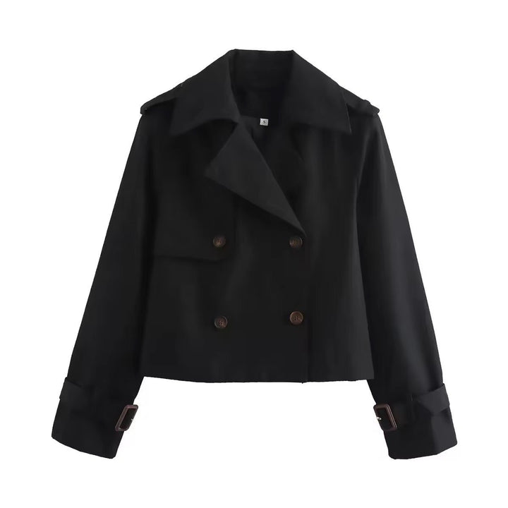Dames Cropped Dubbelrijige Trench Coat - Zwart