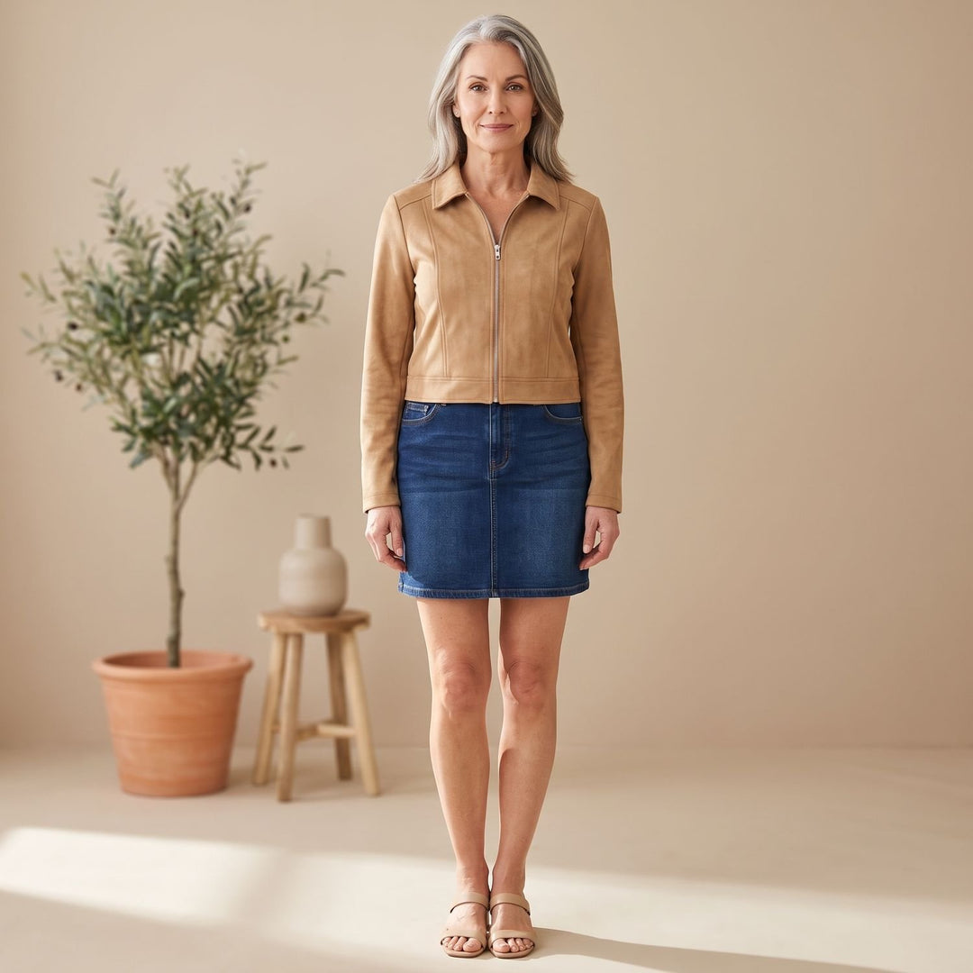 Dames Cropped Faux Suède Ritsjack met Kraag