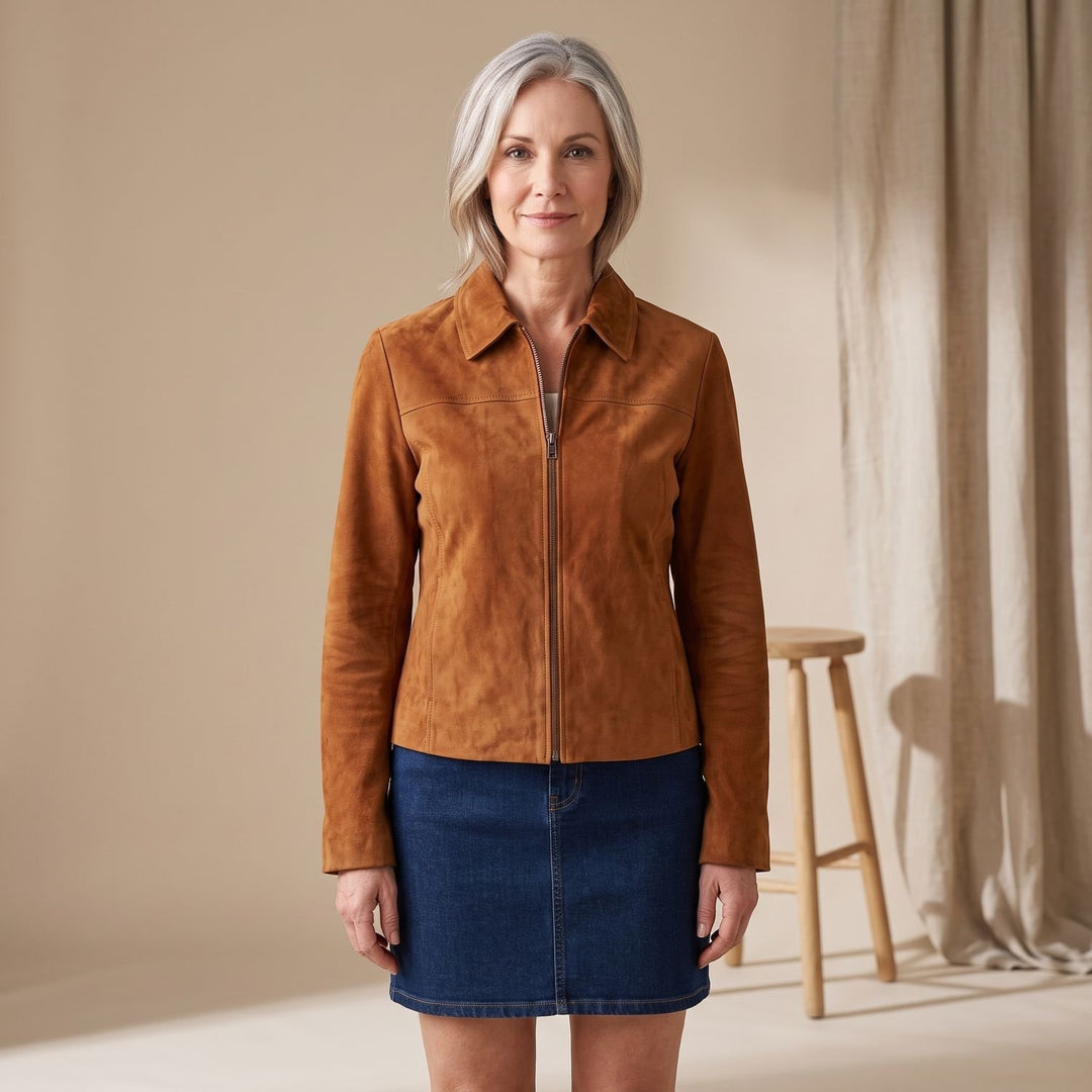 Dames Cropped Faux Suède Ritsjack met Kraag - Donkerbruin
