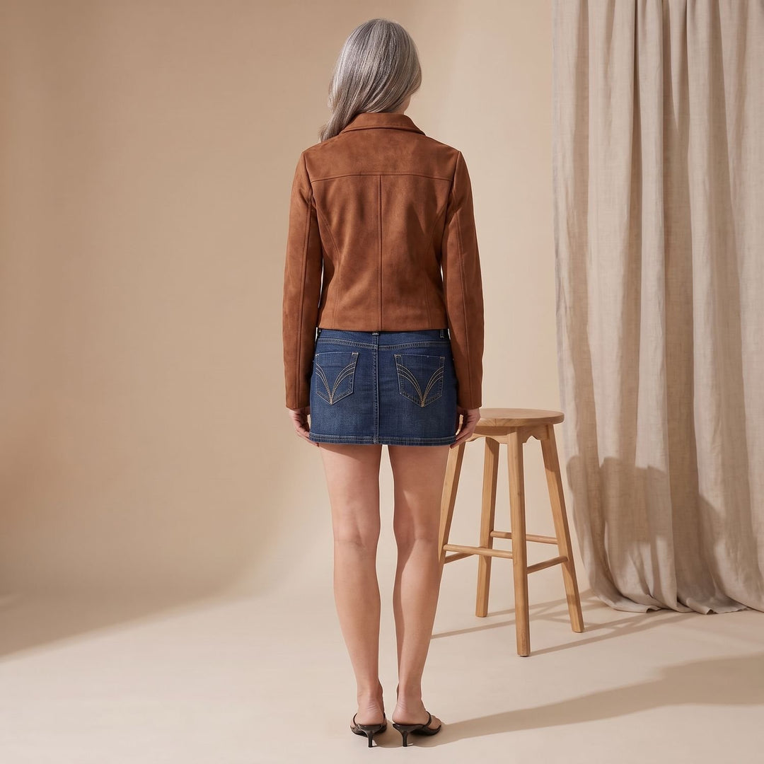 Dames Cropped Faux Suède Ritsjack met Kraag