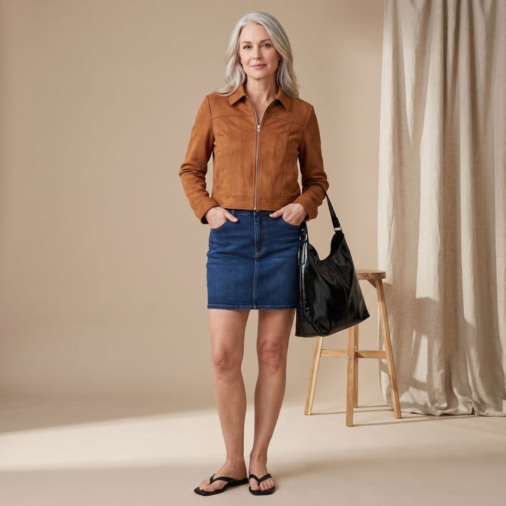 Dames Cropped Faux Suède Ritsjack met Kraag