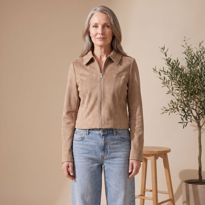 Dames Cropped Faux Suède Ritsjack met Kraag