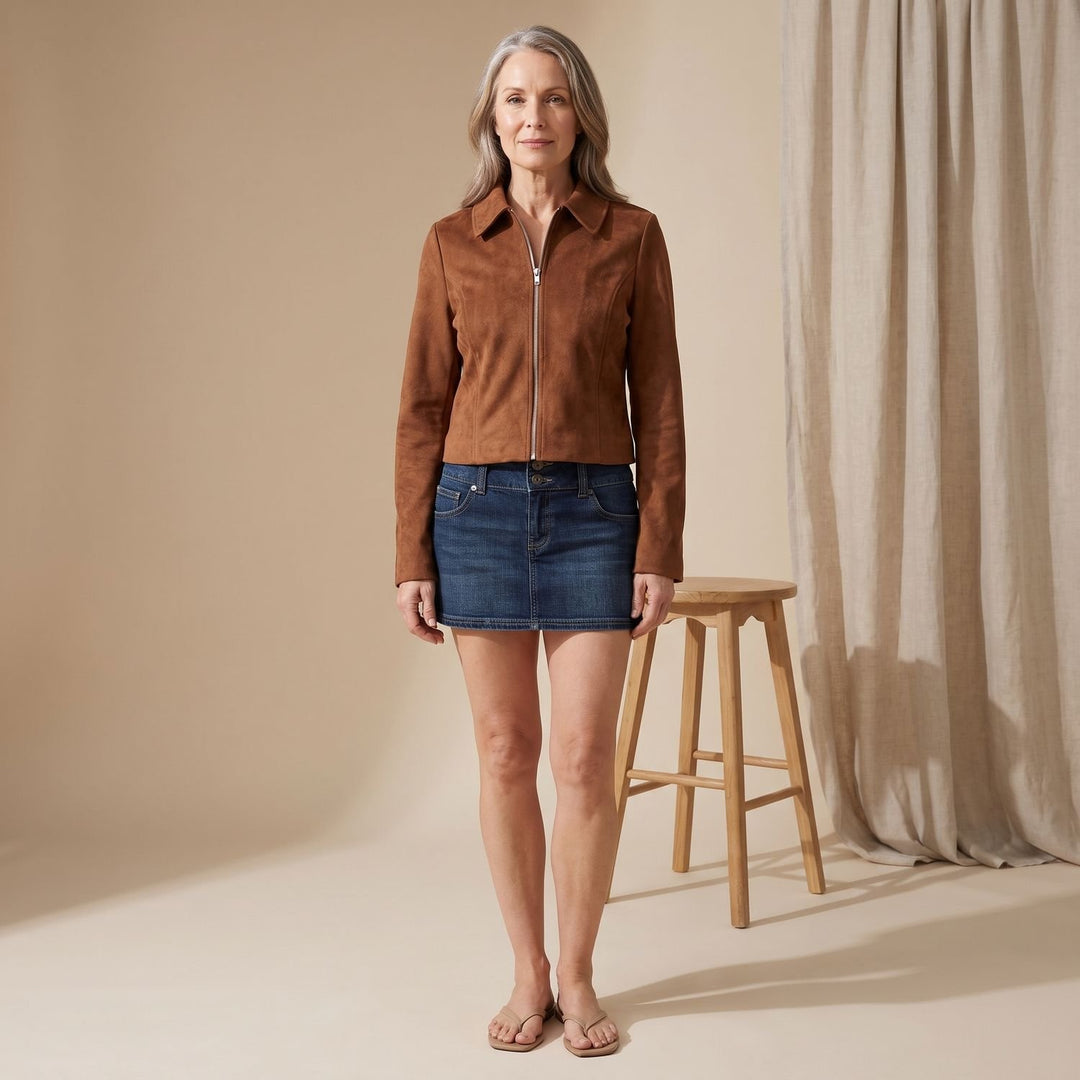 Dames Cropped Faux Suède Ritsjack met Kraag - Lichtbruin