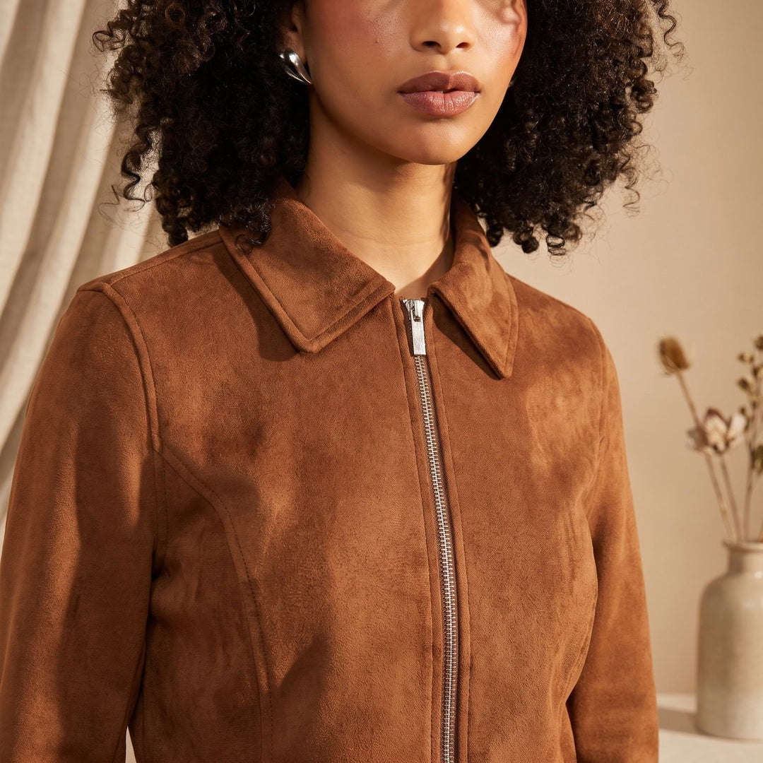 Dames Cropped Faux Suède Ritsjack met Kraag