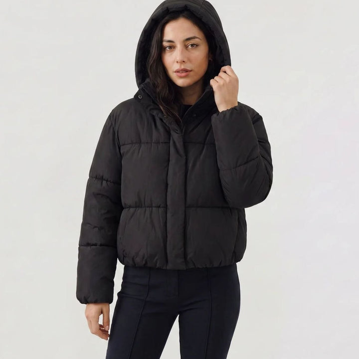 Dames Cropped Hooded Puffer Winterjas Boxy Fit - Zwart