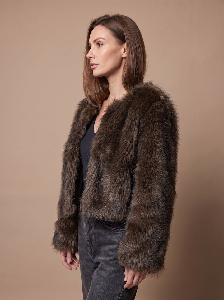 Dames Cropped Imitatiebont Jas met Volumineuze Mouwen - Koffiebruin