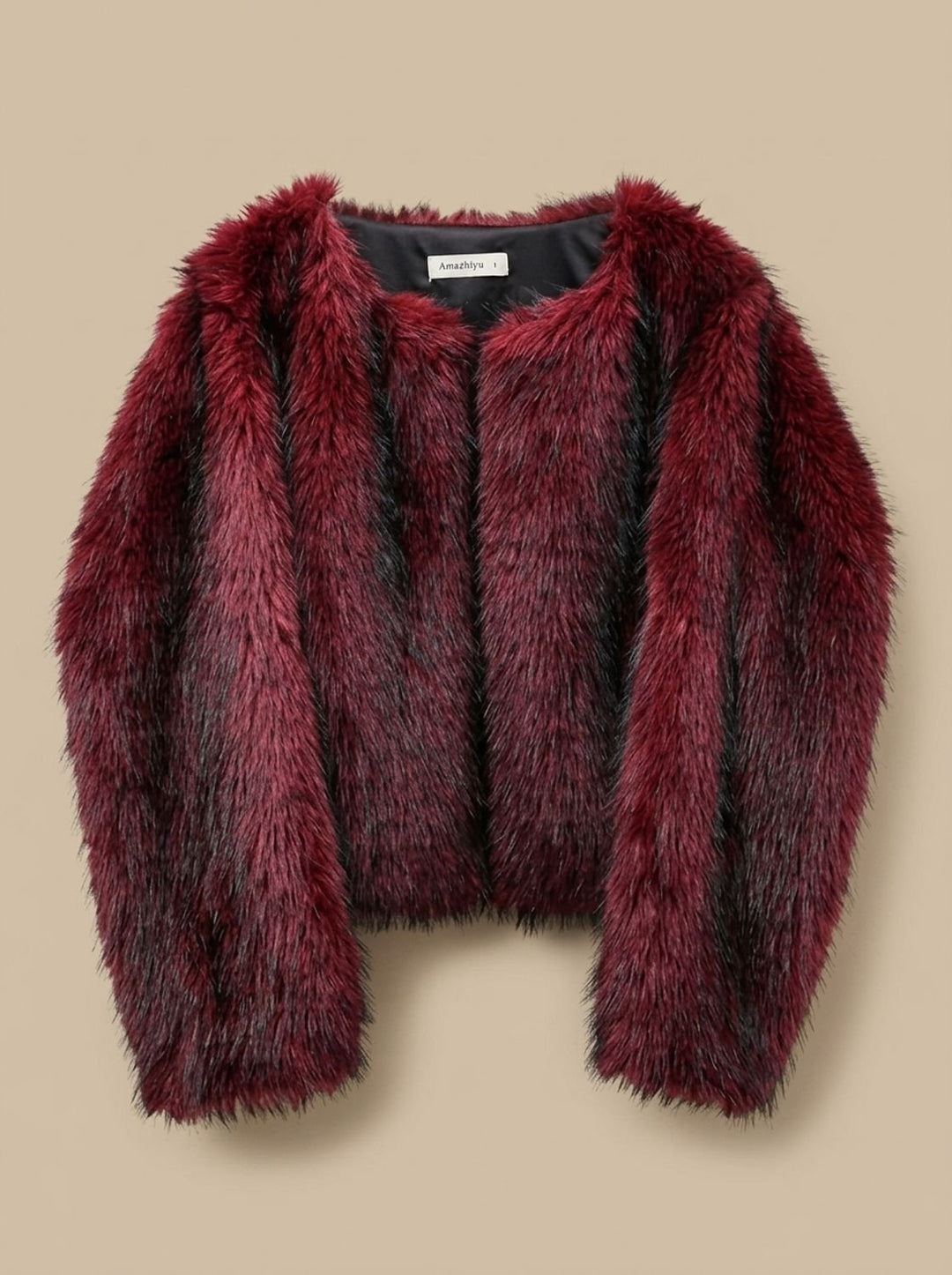 Dames Cropped Imitatiebont Jas met Volumineuze Mouwen - Bordeaux