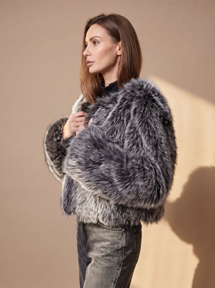 Dames Cropped Imitatiebont Jas met Volumineuze Mouwen