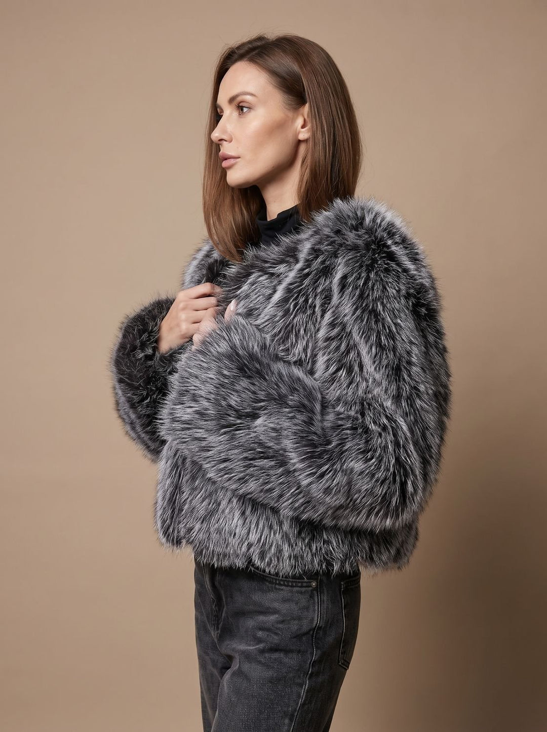 Dames Cropped Imitatiebont Jas met Volumineuze Mouwen