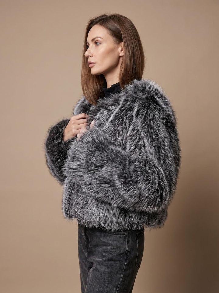 Dames Cropped Imitatiebont Jas met Volumineuze Mouwen