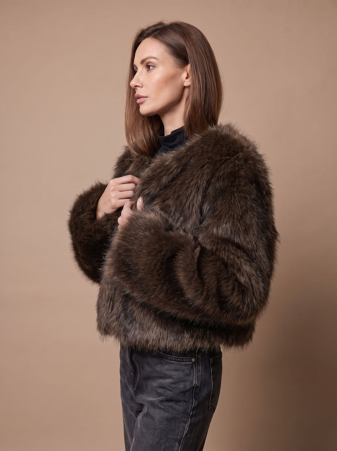 Dames Cropped Imitatiebont Jas met Volumineuze Mouwen