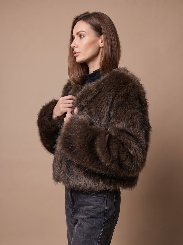 Dames Cropped Imitatiebont Jas met Volumineuze Mouwen