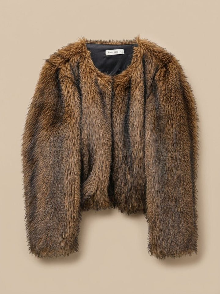 Dames Cropped Imitatiebont Jas met Volumineuze Mouwen
