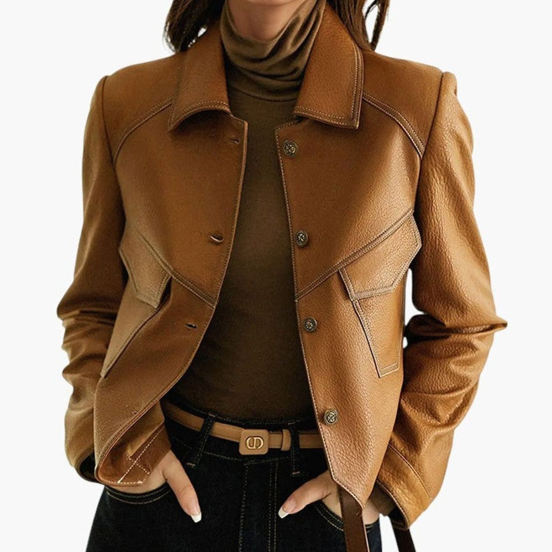 Dames Cropped PU-leren Jasje met Knoopsluiting en Revers - Bruin