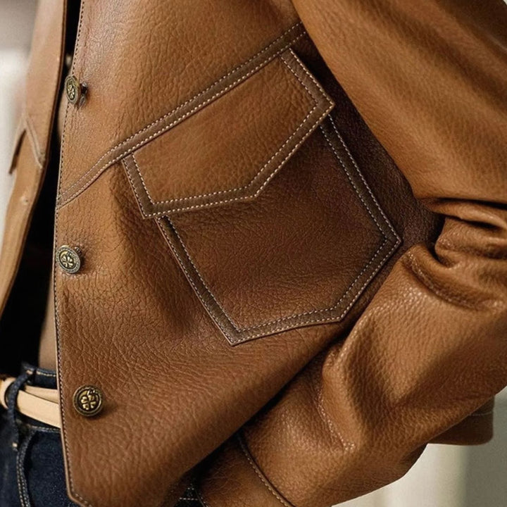 Dames Cropped PU-leren Jasje met Knoopsluiting en Revers