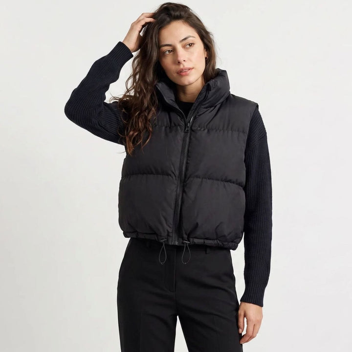 Dames Cropped Puffer Gilet Hoge Kraag Rits Mouwloos - Zwart