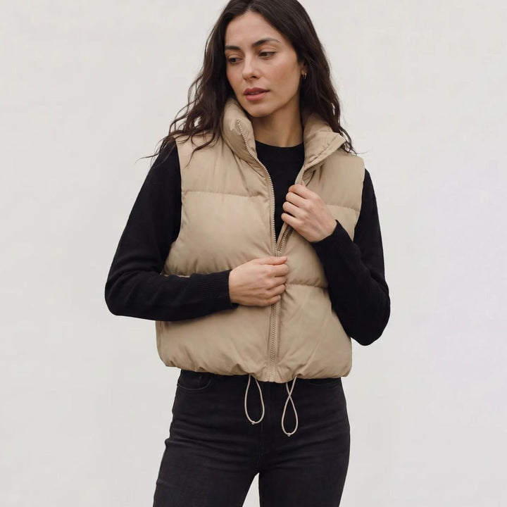 Dames Cropped Puffer Gilet Hoge Kraag Rits Mouwloos - Khaki