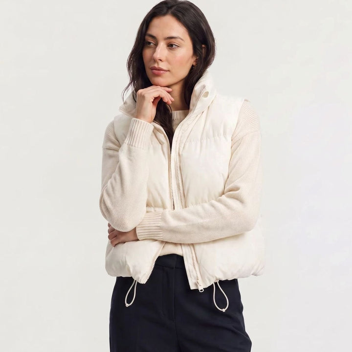 Dames Cropped Puffer Gilet Hoge Kraag Rits Mouwloos - Beige