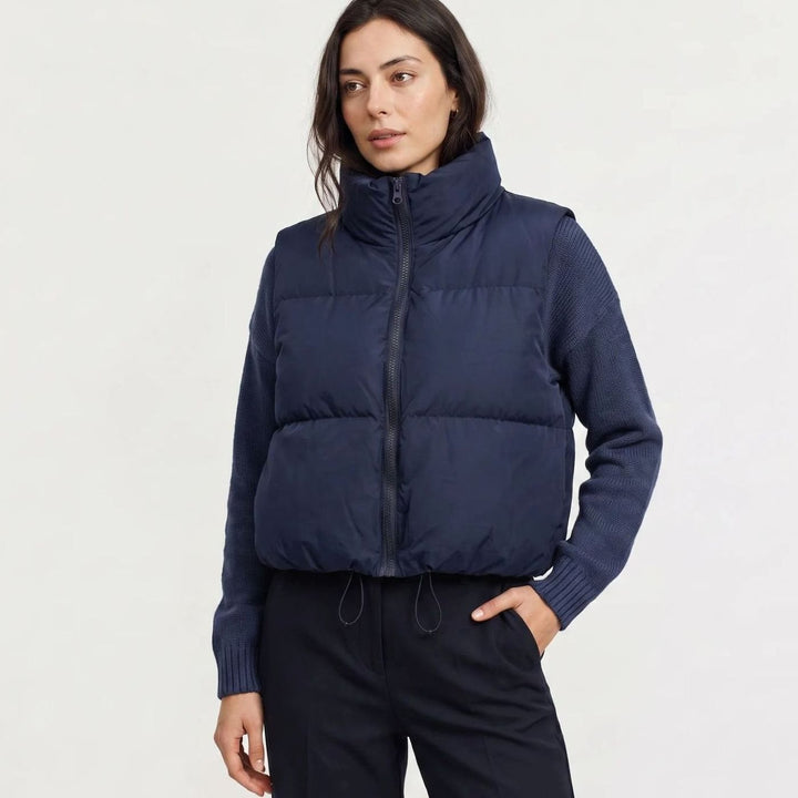 Dames Cropped Puffer Gilet Hoge Kraag Rits Mouwloos - Marineblauw