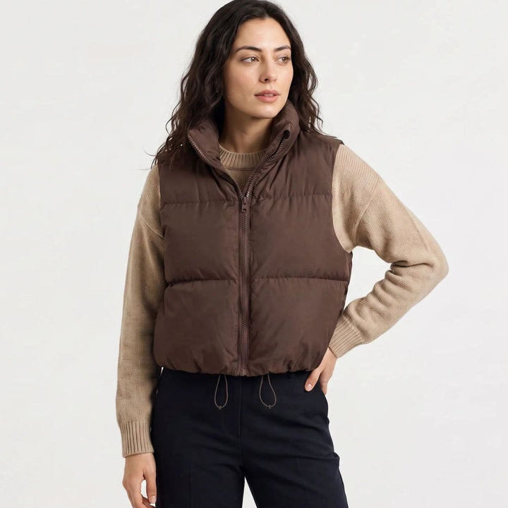 Dames Cropped Puffer Gilet Hoge Kraag Rits Mouwloos - Bruin