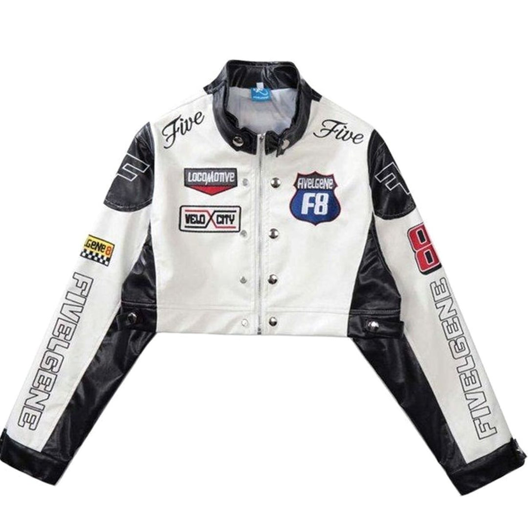 Dames Cropped Racing Jas Patchwork Opstaande Kraag Rits - Zwart