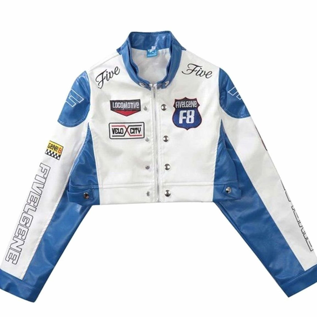 Dames Cropped Racing Jas Patchwork Opstaande Kraag Rits - Blauw