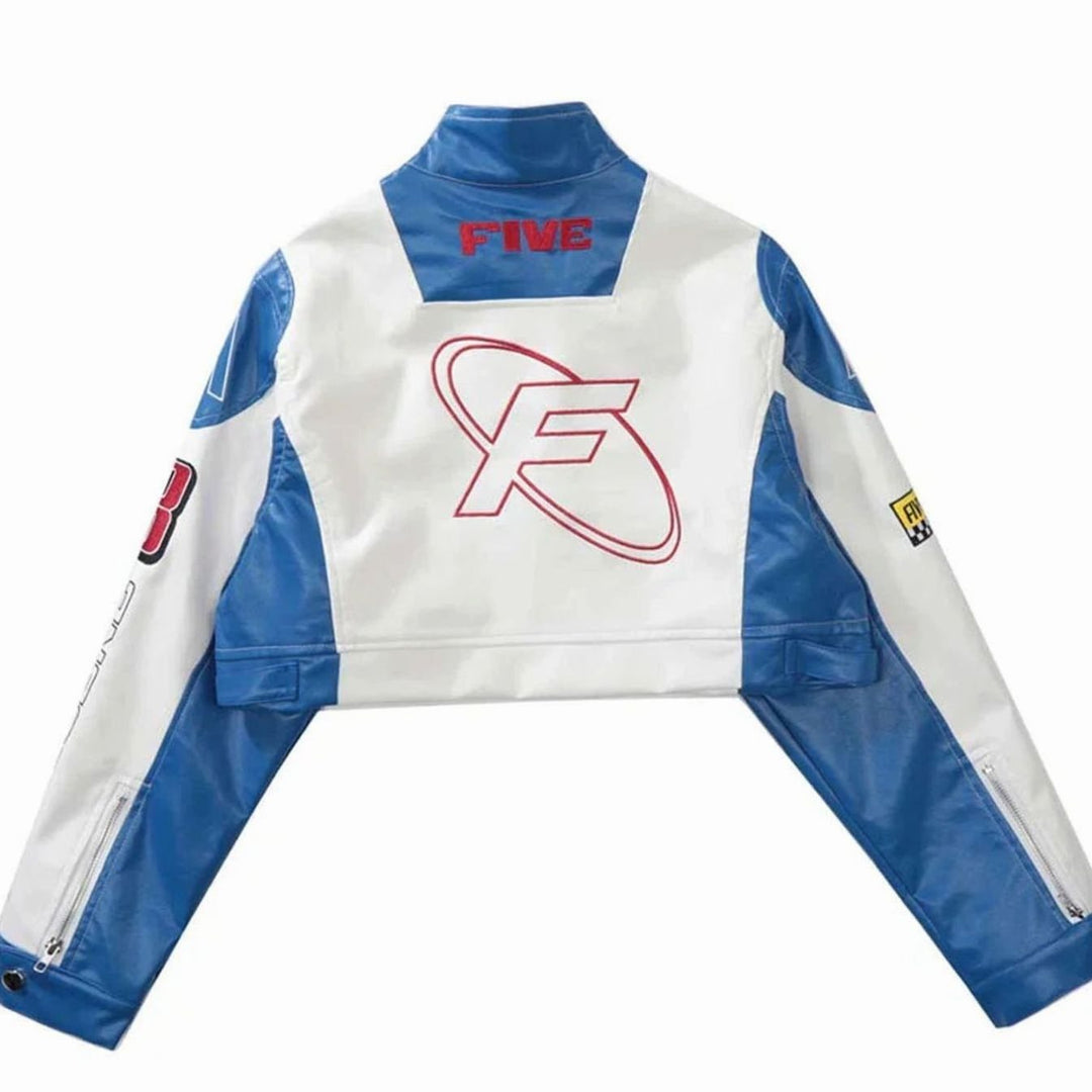 Dames Cropped Racing Jas Patchwork Opstaande Kraag Rits