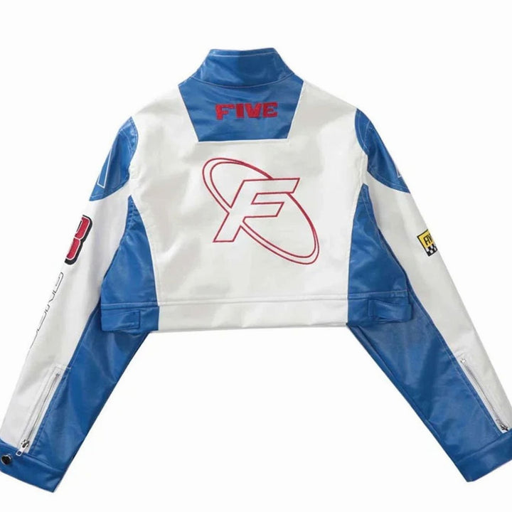 Dames Cropped Racing Jas Patchwork Opstaande Kraag Rits